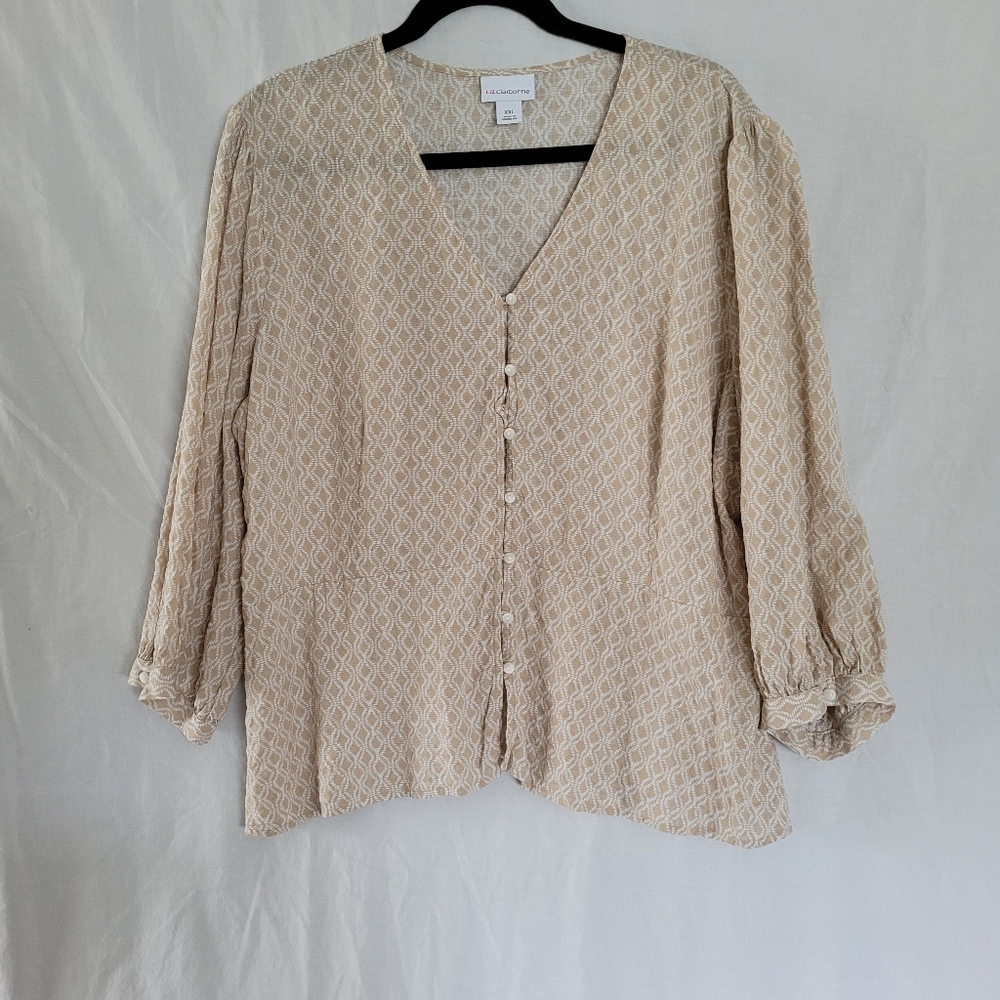 Liz Claiborne Pooler Beige Patterned Button-Up V-neck Blouse XXL